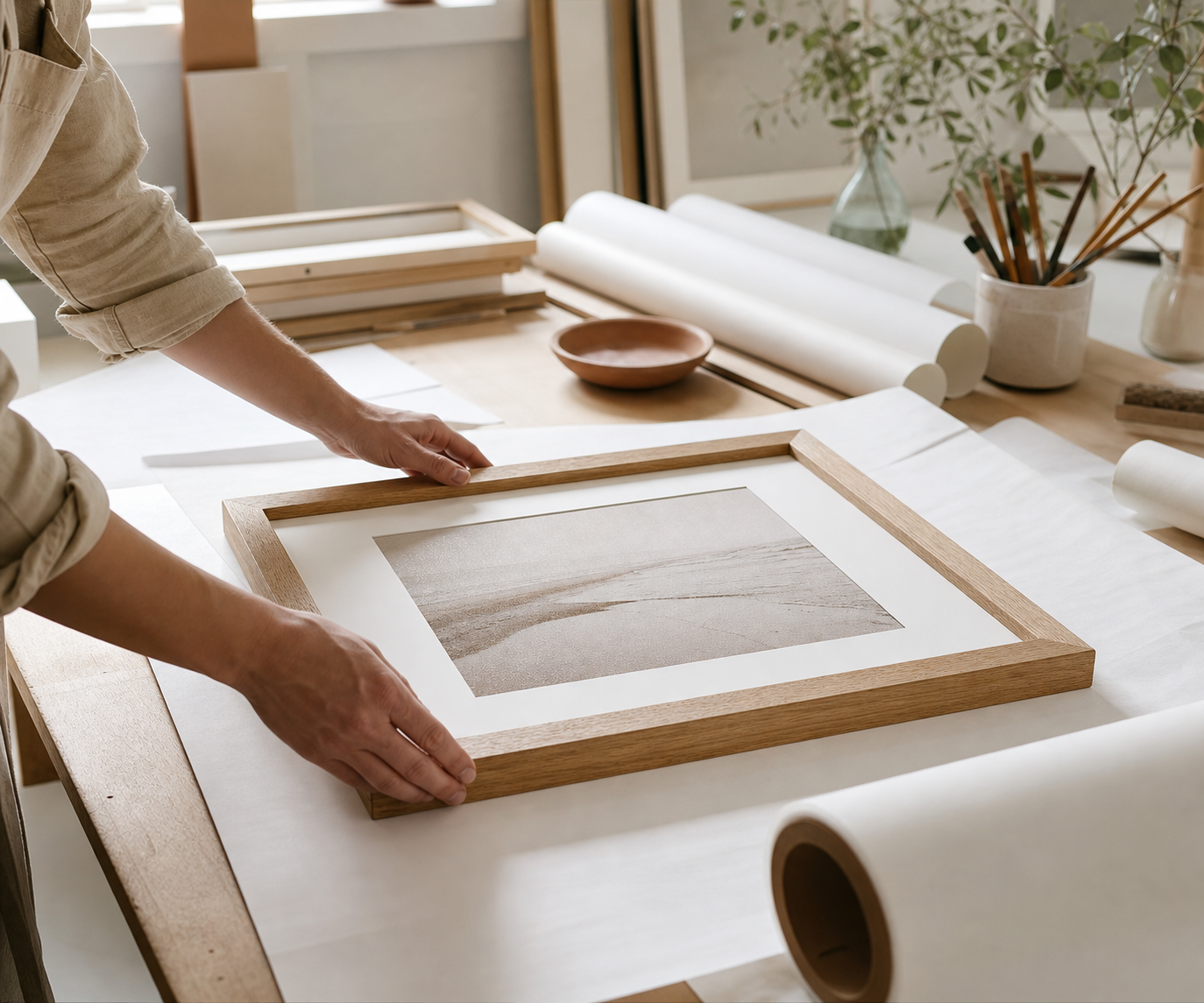 Hands framing a fine-art print in a bright UK studio.