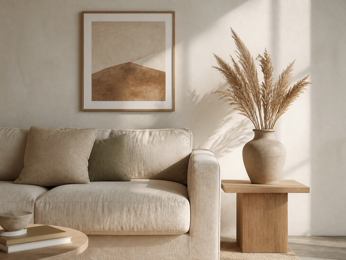 Sunlit Scandinavian living room corner with an oatmeal sofa and framed print.
