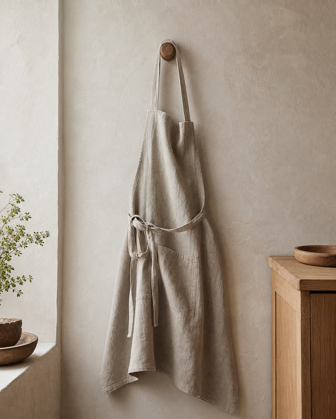 Folded flax washed-linen apron hanging on a wooden peg.