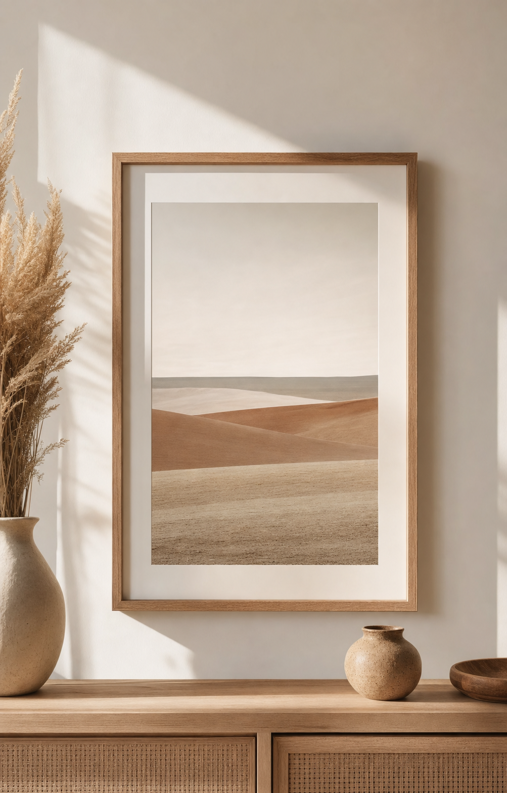 Oak-framed minimalist dune horizon print on a warm white wall.