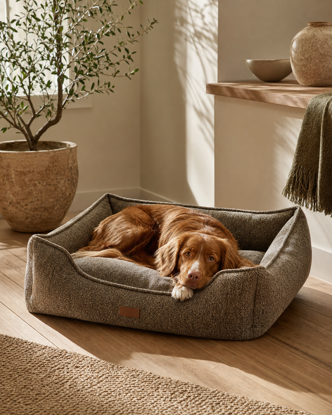 Wool-blend tweed dog bed in heather tones in a sunlit corner.