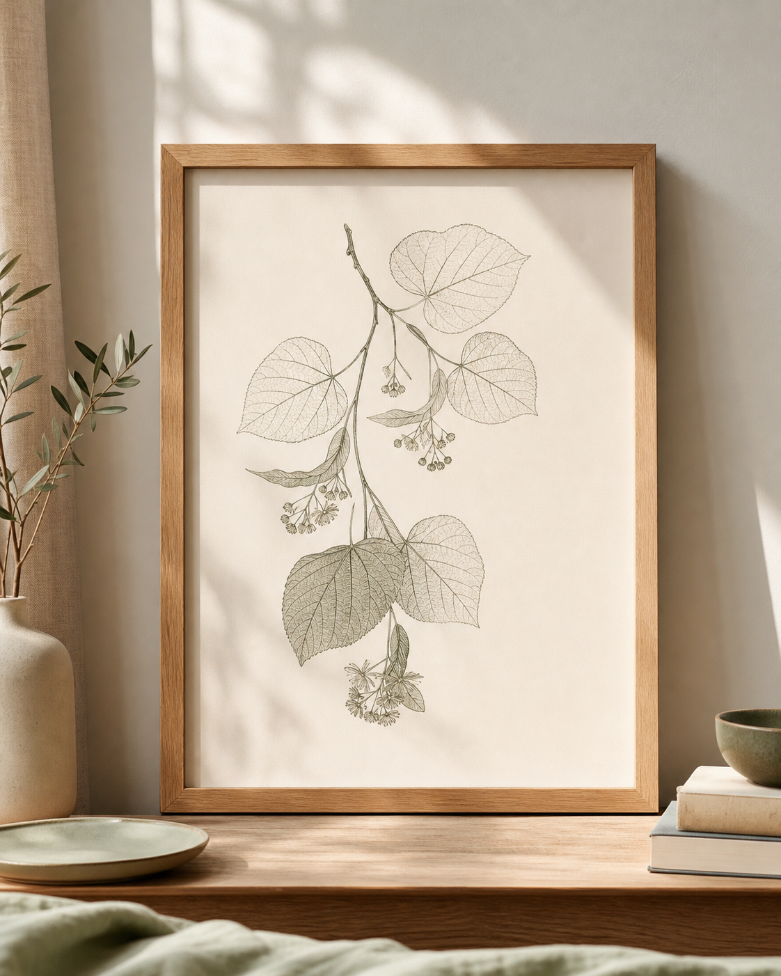 Oak-framed minimal line-art botanical print of a linden branch.