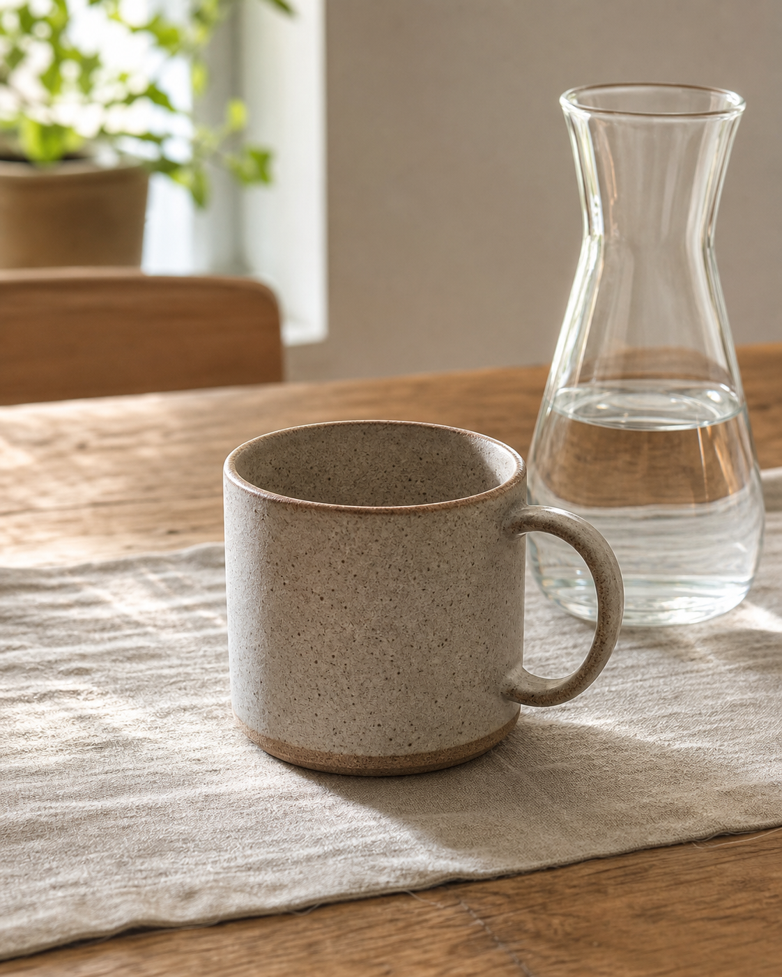 Speckled clay stoneware mug on a linen runner.