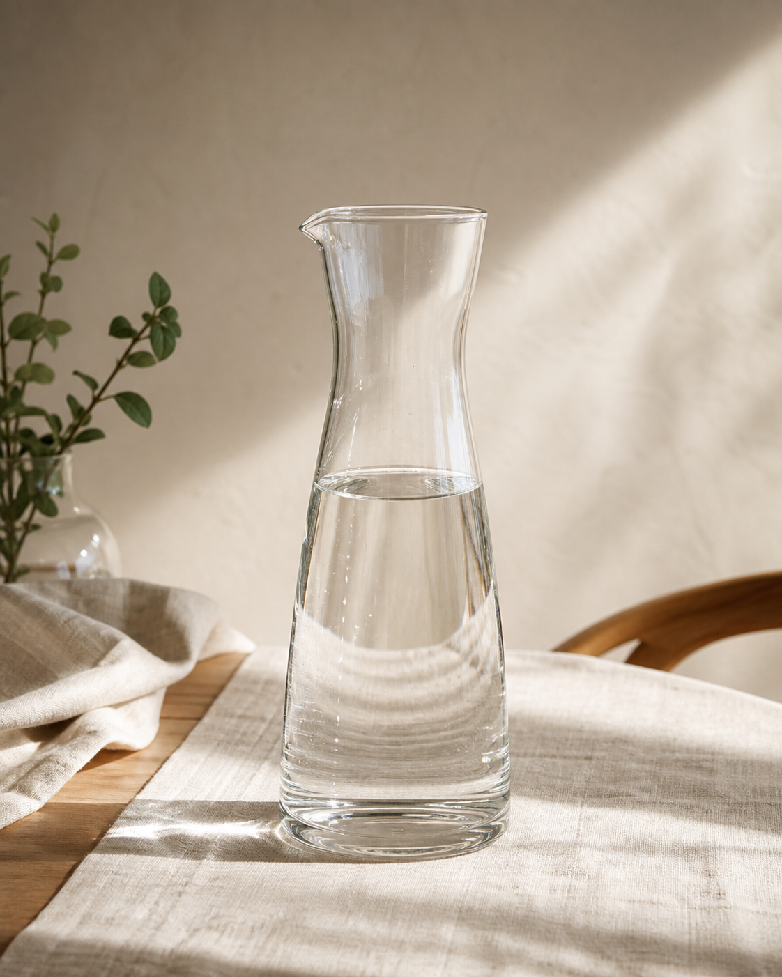 Slim hand-blown clear glass carafe on a linen runner.
