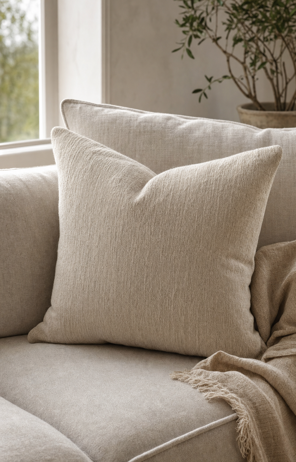 Stonewashed oat linen cushion with subtle ridge weave on an oatmeal sofa.