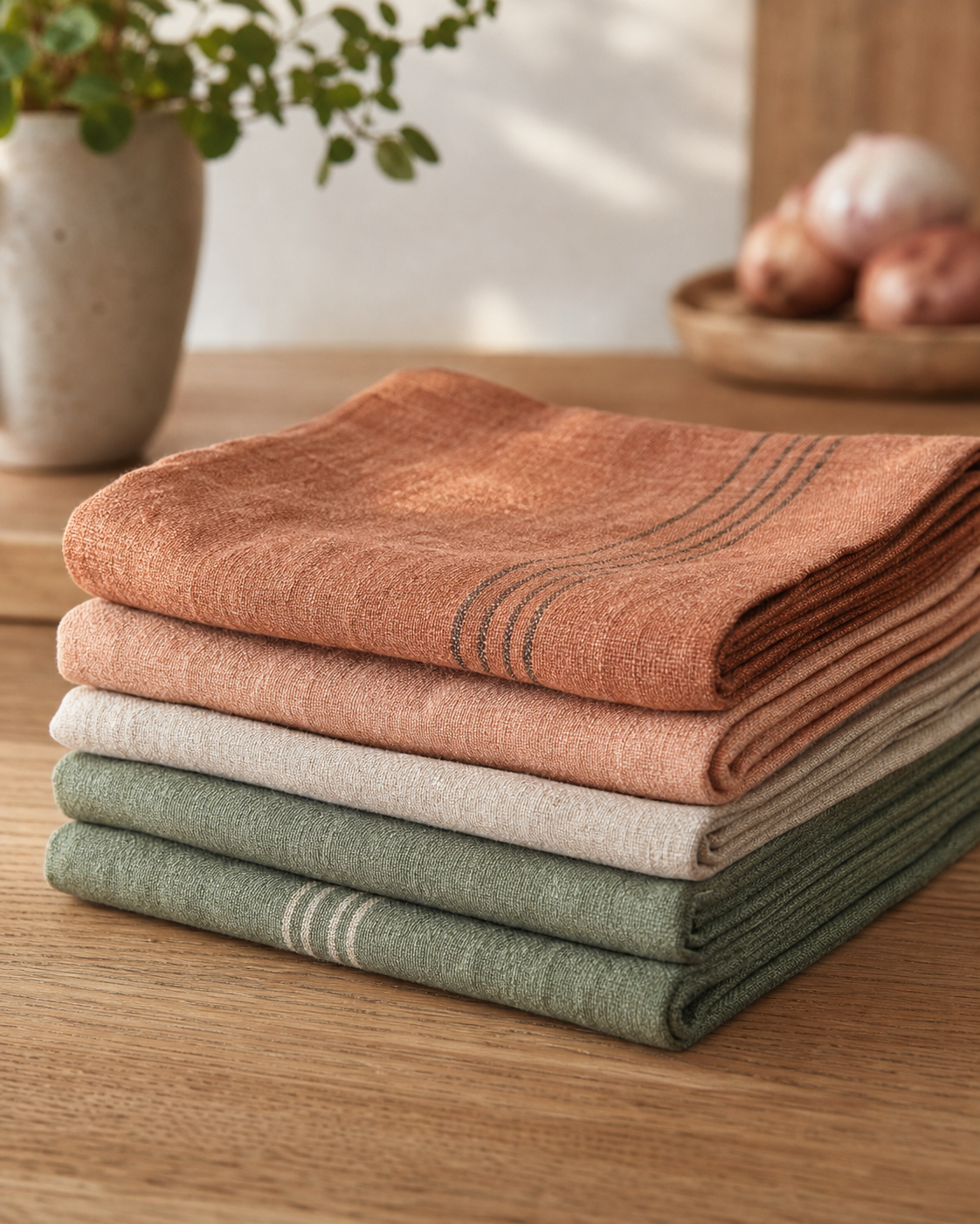 Stack of stonewashed tea towels in clay and sage on an oak surface.